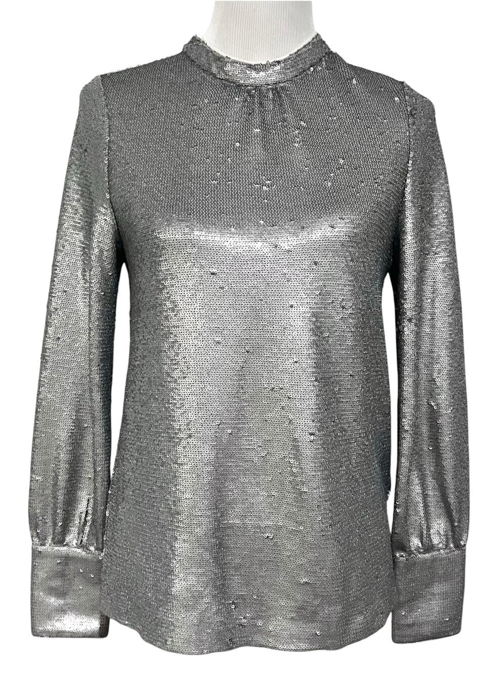 Suncoo Long Sleeve Sequin Silver Blouse Shirt Size T0 (US 2 or XS)